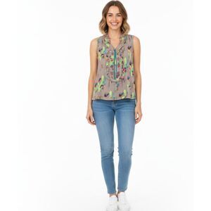 Nanette Lepore 100% Silk Embellished Ikat Ruffle Top Brown Boho Size 12 beaded